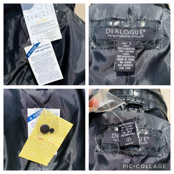 Dialogue Black Leather Jacket Croc Embossed Coat Lined Shimmer Size L Pockets - Picture 9 of 16